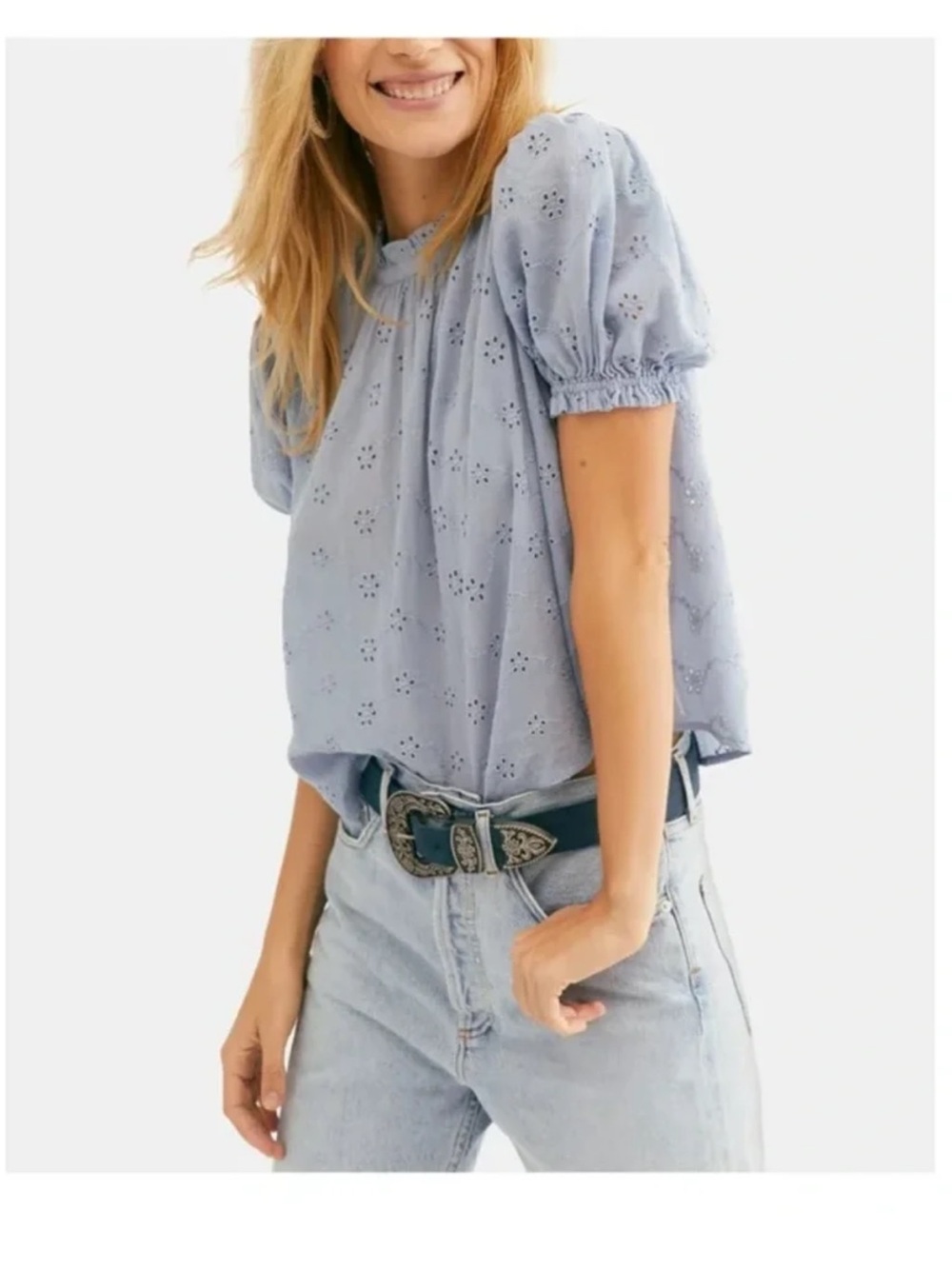 Free People Light Blue Eyelet Ruffle Neck Blouse